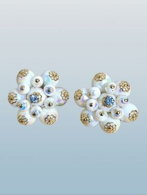 Vintage White, Gold, And Blue Floral Clip Earrings